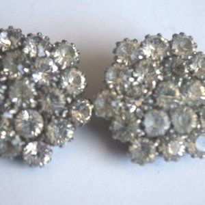 Vintage Geometric Clear Rhinestone Hexagon Clip On Earrings Silver Tone Flower